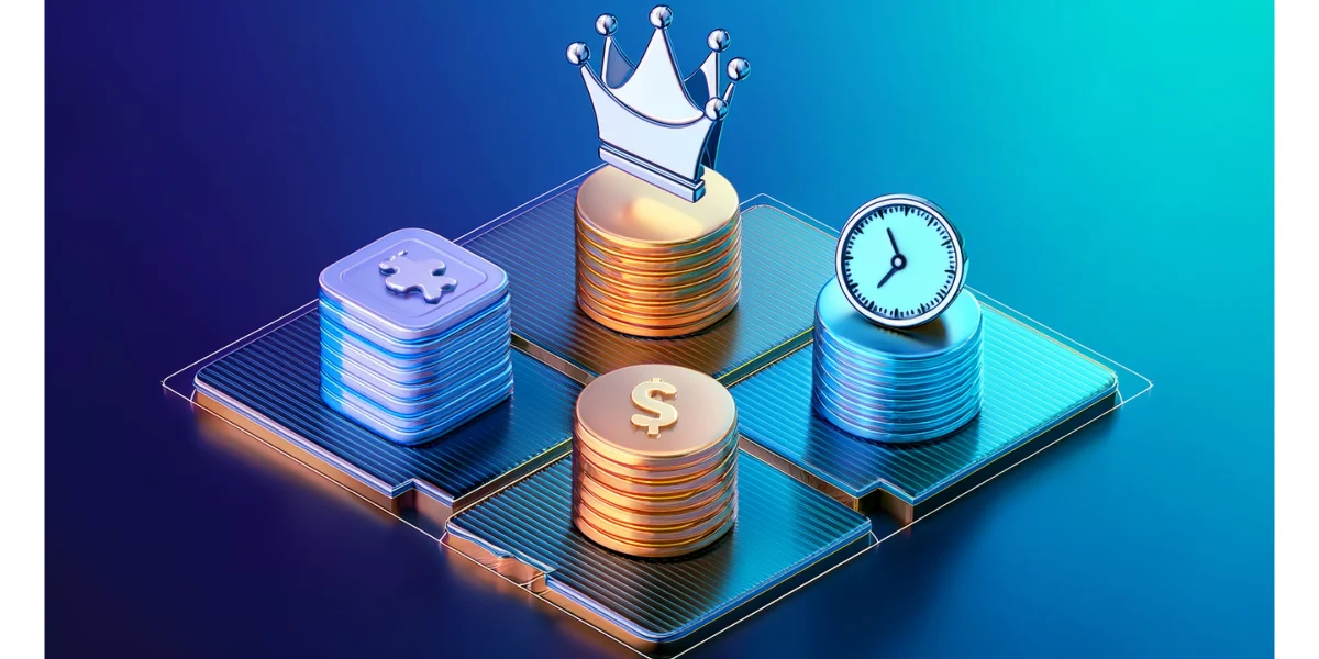 3D icons of coins, crown, puzzle piece, and clock on a modern gradient background